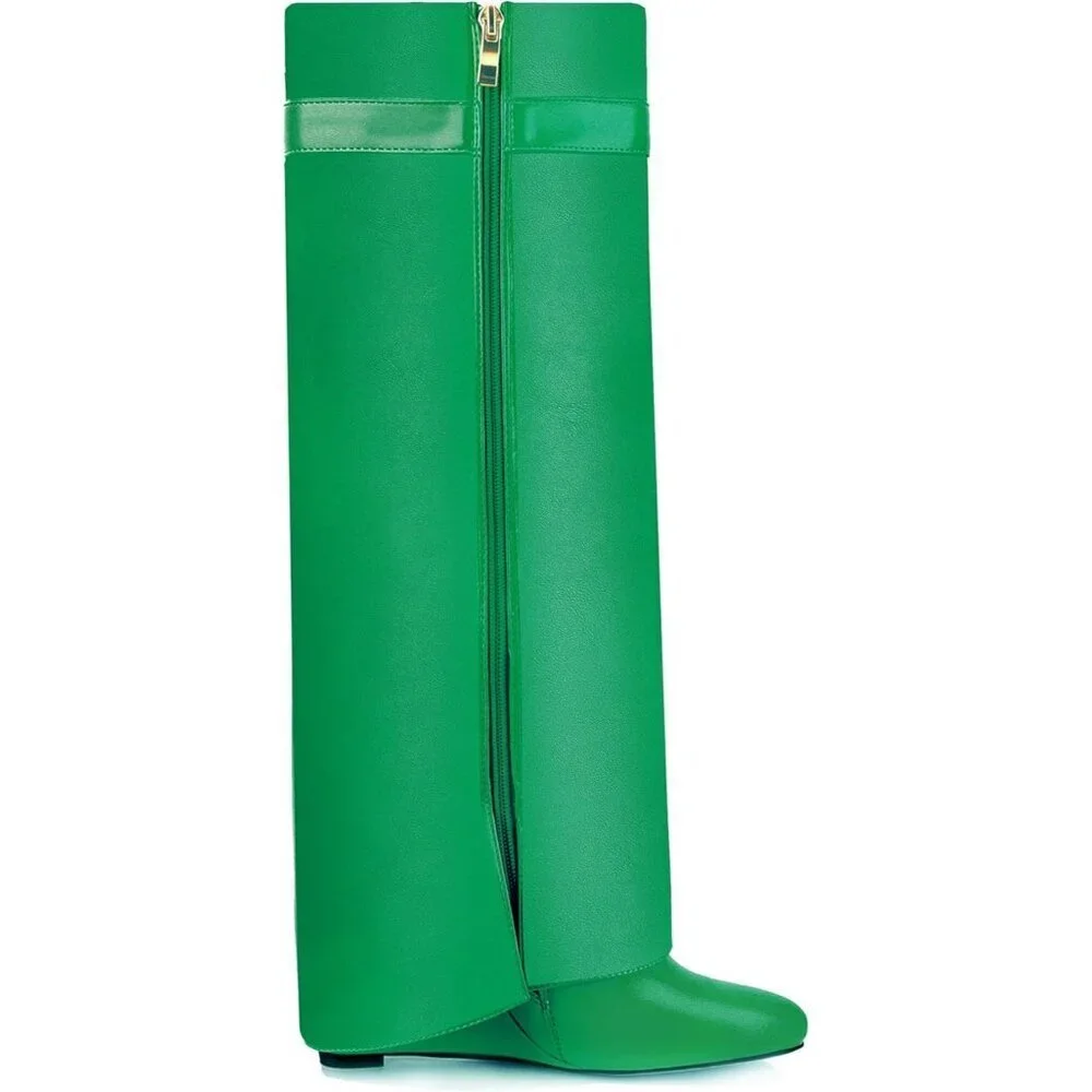 Women Faux Leather Green Pull-on Wedge Heel Knee Shark Padlock Design Boot